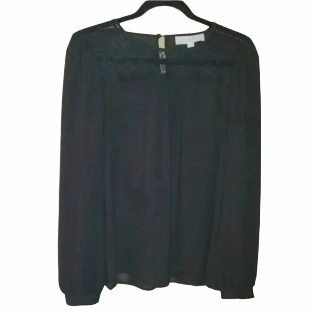 LOFT Blouse Small Black Lace Yoke Chiffon Long Sleeve Keyhole Back Top